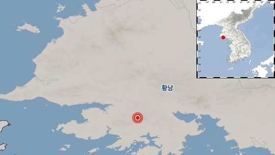 The red dot indicates the epicenter of an earthquake that struck North Korea's Ongjin near the western sea border with South Korea on Jan. 5, 2025. [KOREA METEOROLOGICAL ADMINISTRATION] 
