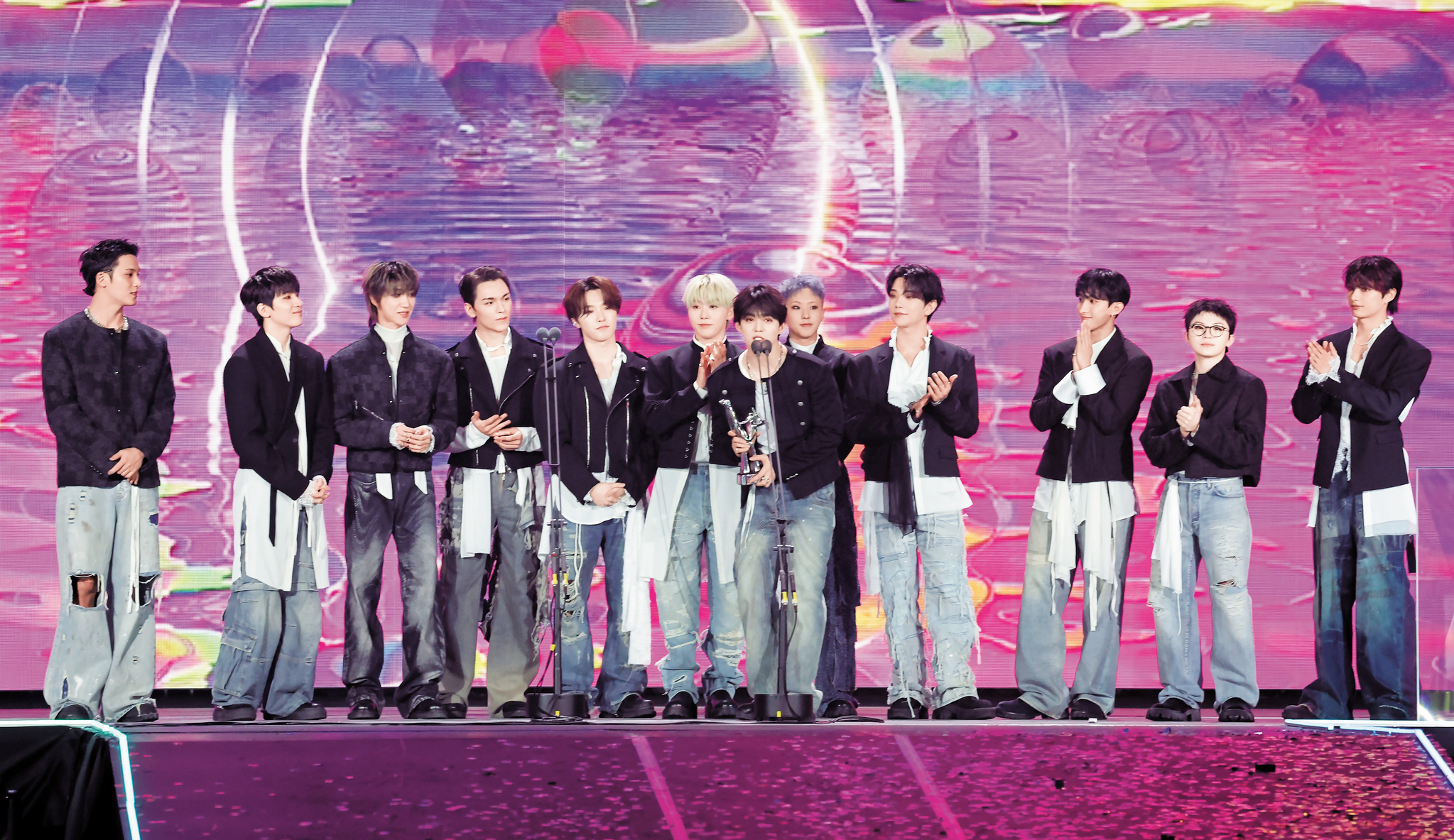 Seventeen delivers its acceptance speech at the 39th Golden Disc Awards, which took place on Jan. 4 and 5 at the Mizuho PayPay Dome in Fukuoka, Japan. [GOLDEN DISC AWARDS ORGANIZING COMMITTEE]