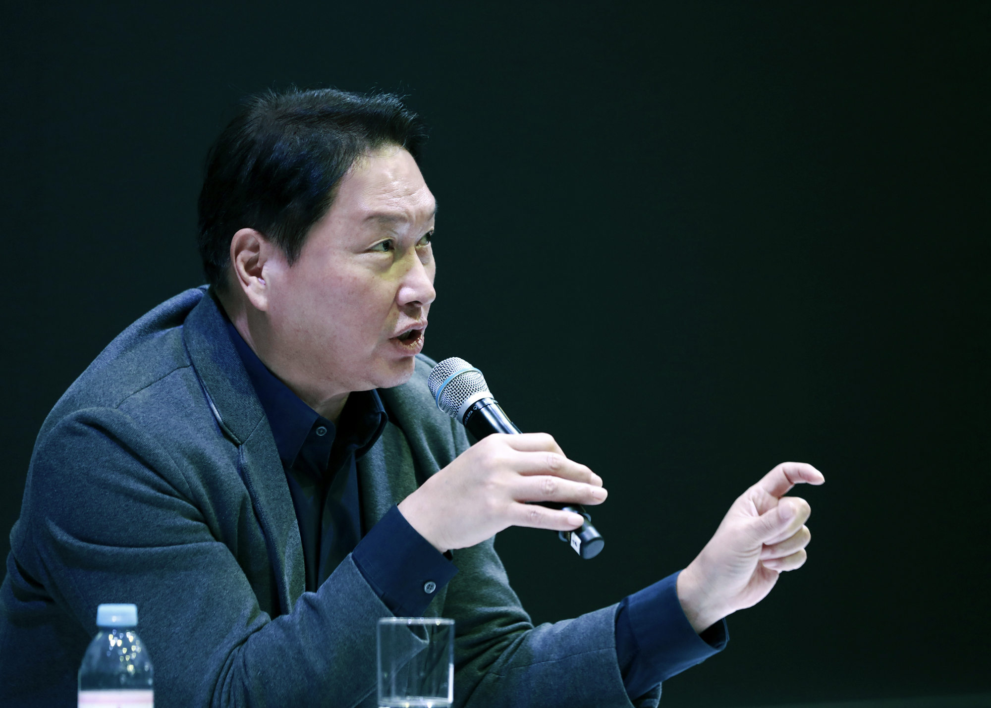 SK Group Chairman Chey Tae-won speaks to reporters at the SK booth's business lounge during CES 2025 in Las Vegas on Jan. 8. [SK GROUP]