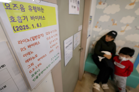 A notice board shows trends in respiratory disease cases at a pediatric clinic in Yongin, Gyeonggi, on Jan. 10, amid a sharp rise in influenza and other respiratory illnesses. [YONHAP]