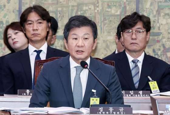 Korean national team manager Hong Myung-bo, left of middle row, Korea Football Association (KFA) President Chung Mong-gyu, front center, and KFA Technical Director Lee Lim-saeing, right, during the parliamentary committee on culture, sports and tourism at the National Assembly in western Seoul on Sept. 24, 2024. [JOONGANG ILBO]