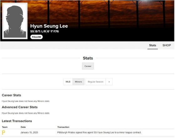 A profile of Lee Hyun-seung on the MLB website [SCREEN CAPTURE]
