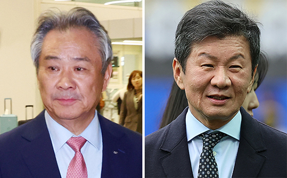 Korean Sport & Olympic Committee President Lee Kee-heung, left, and Korea Football Association President Chung Mong-gyu [JOONGANG ILBO]