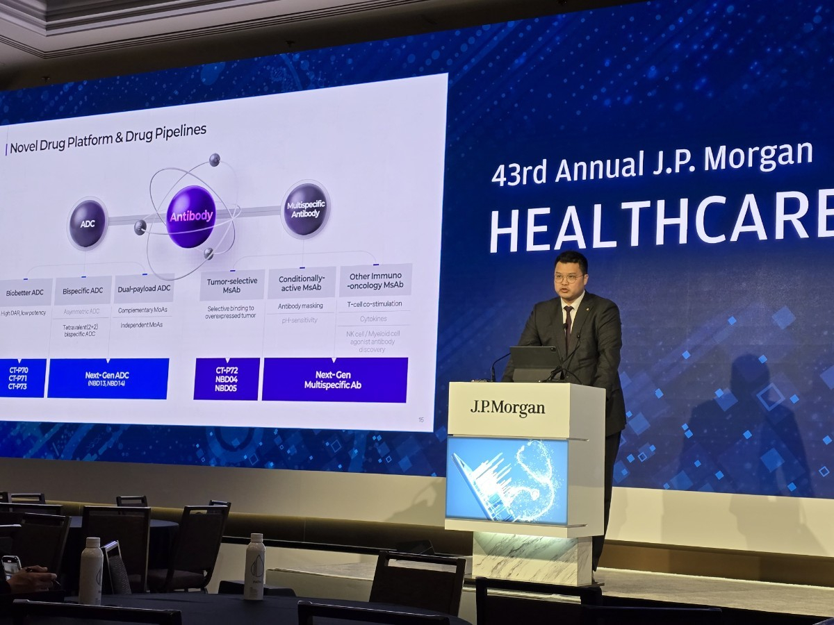 Celltrion co-CEO Seo Jin-seok speaks during his presentation of the company's roadmap for new drugs at the 43rd J.P. Morgan Healthcare Conference at the Westin St. Francis Hotel in San Francisco on Jan. 14. [CELLTRION]