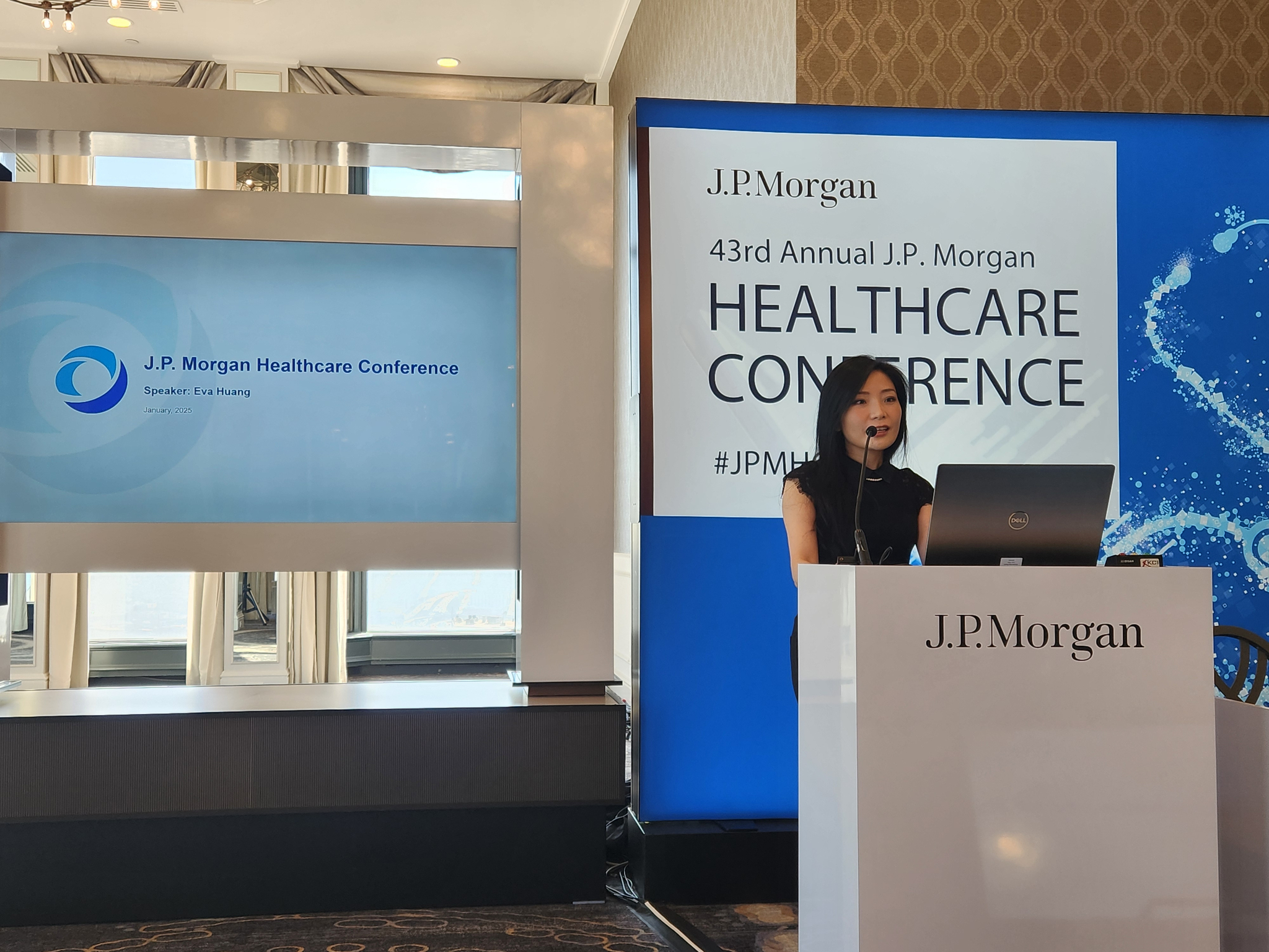 Hugel Chief Financial Officer Eva Huang speaks during a presentation at the 43rd J.P. Morgan Healthcare Conference in San Francisco, California, on Jan. 16. [LEE JAE-LIM]