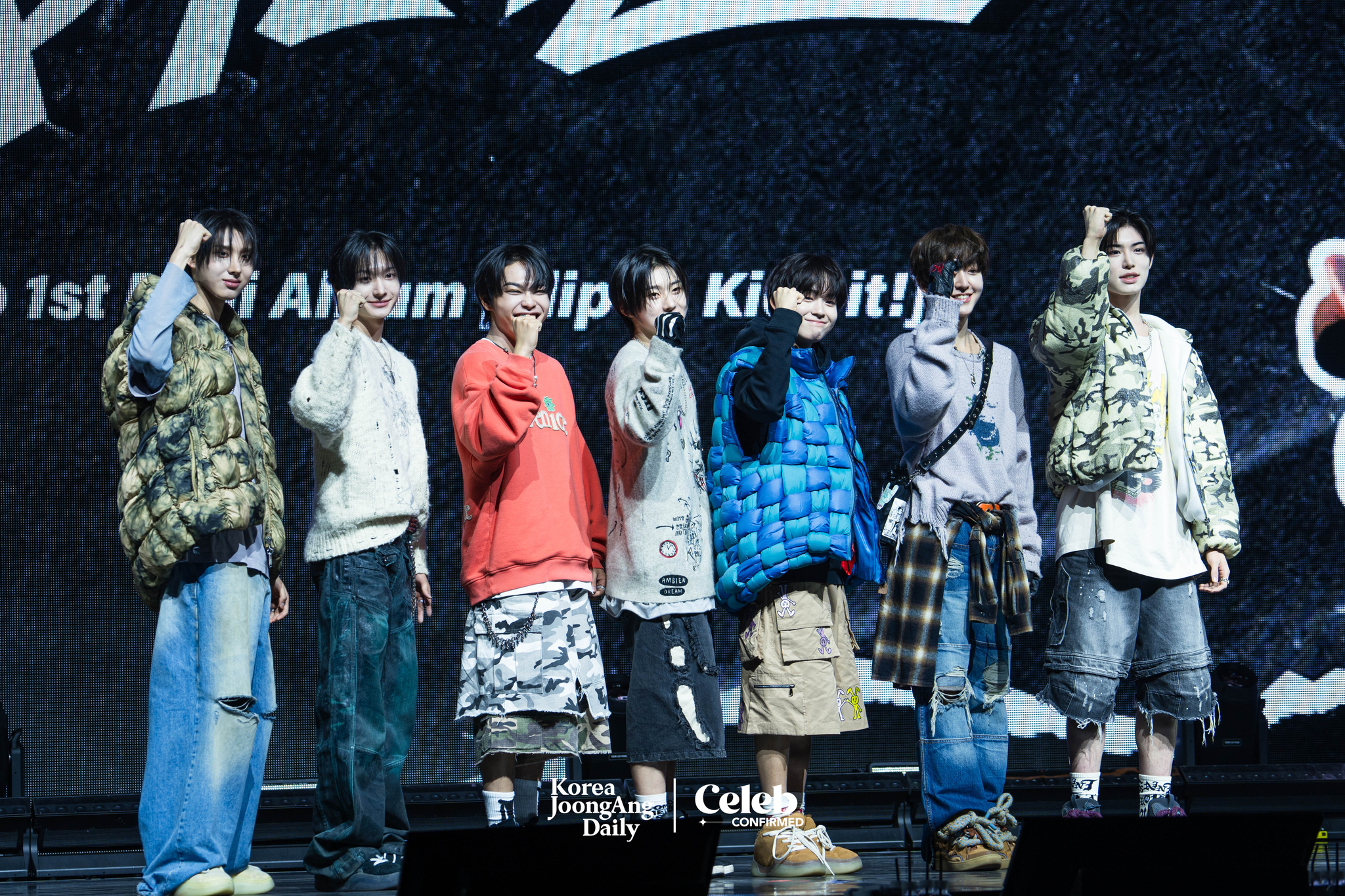 Boy band KickFlip poses for photos during a showcase held on Jan. 20 at Yes24 Live Hall in eastern Seoul for the release of its first EP “Flip it, Kick it!” [DANIELA GONZALEZ PEREZ]