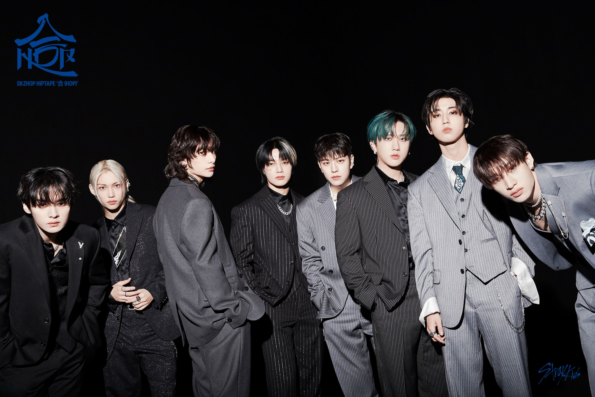 Boy band Stray Kids in the promotional image of ″HOP″ (2024) [JYP ENTERTAINMENT]