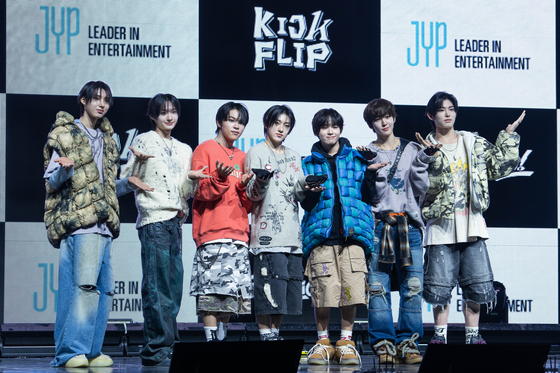 Members of boy band KickFlip pose for photos during their debut showcase held on Jan. 20 at the Yes24 Live Hall music venue in eastern Seoul. [DANIELA GONZALEZ PEREZ]