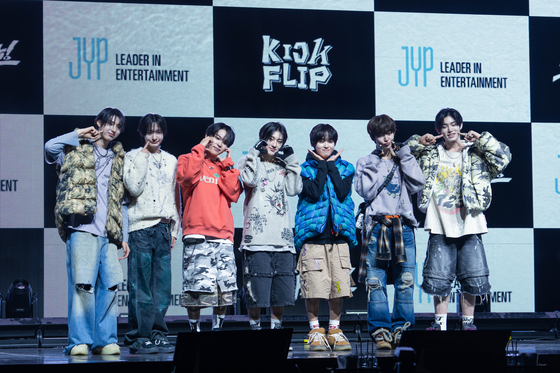 Members of boy band KickFlip pose for photos during their debut showcase held on Jan. 20 at the Yes24 Live Hall music venue in eastern Seoul. [DANIELA GONZALEZ PEREZ]