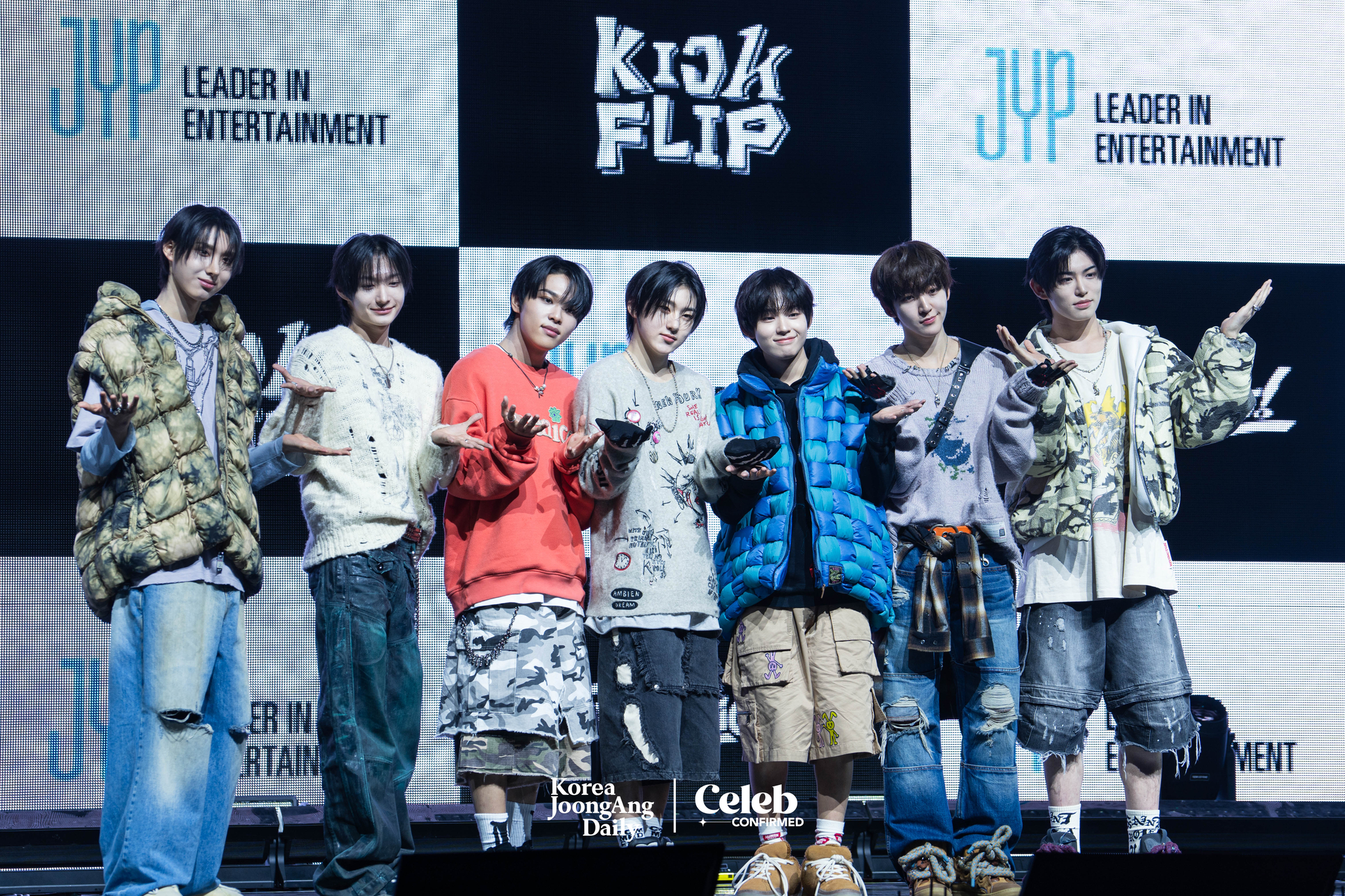 Boy band KickFlip poses for photos during a showcase held on Jan. 20 at Yes24 Live Hall in eastern Seoul for the release of its first EP “Flip it, Kick it!” [DANIELA GONZALEZ PEREZ]