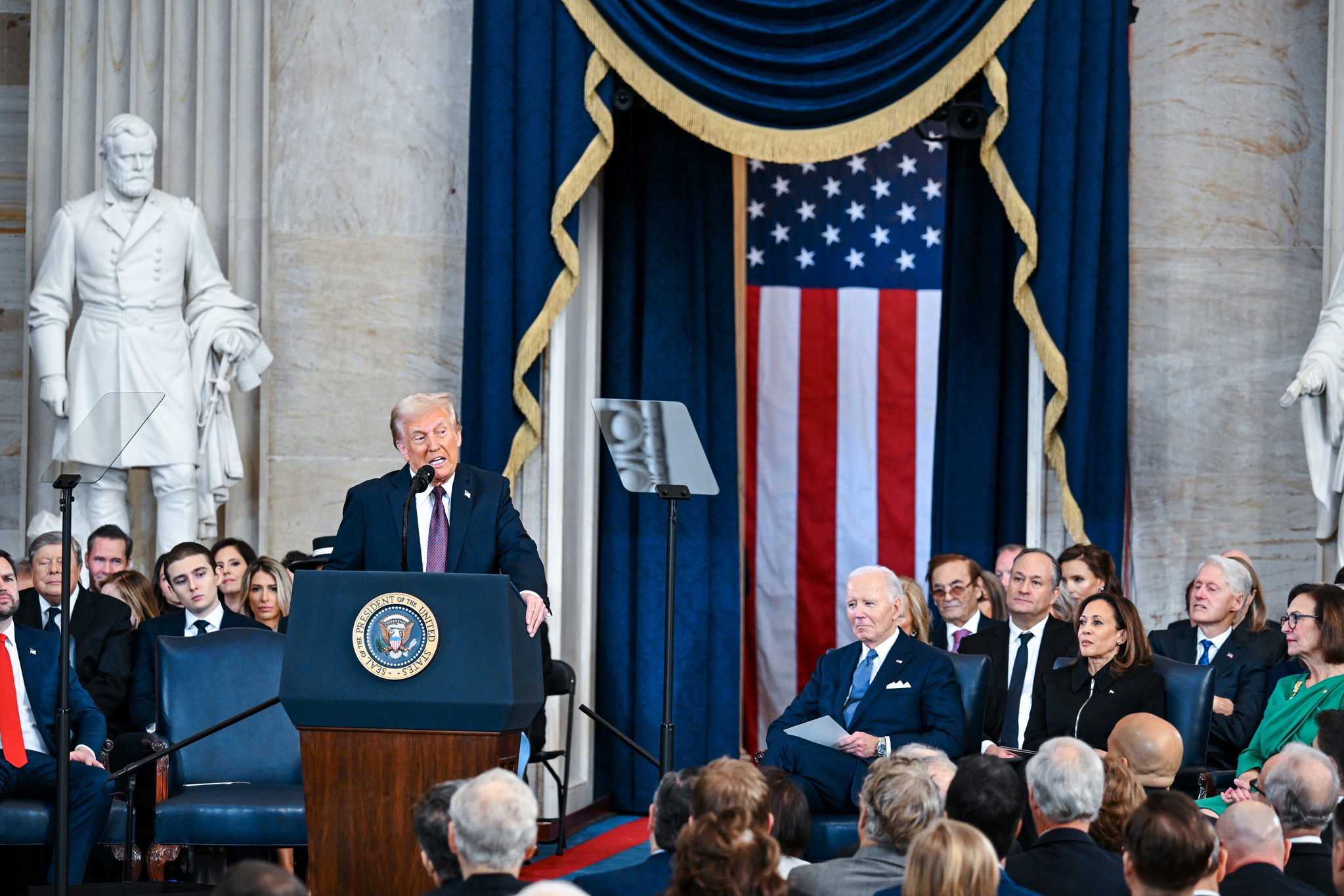 President Donald Trump speaks after being sworn in during the inauguration of Donald Trump as the 47th president of the United States takes place inside the Capitol Rotunda of the U.S. Capitol building in Washington, D.C., on Jan. 20. [UPI/YONHAP]