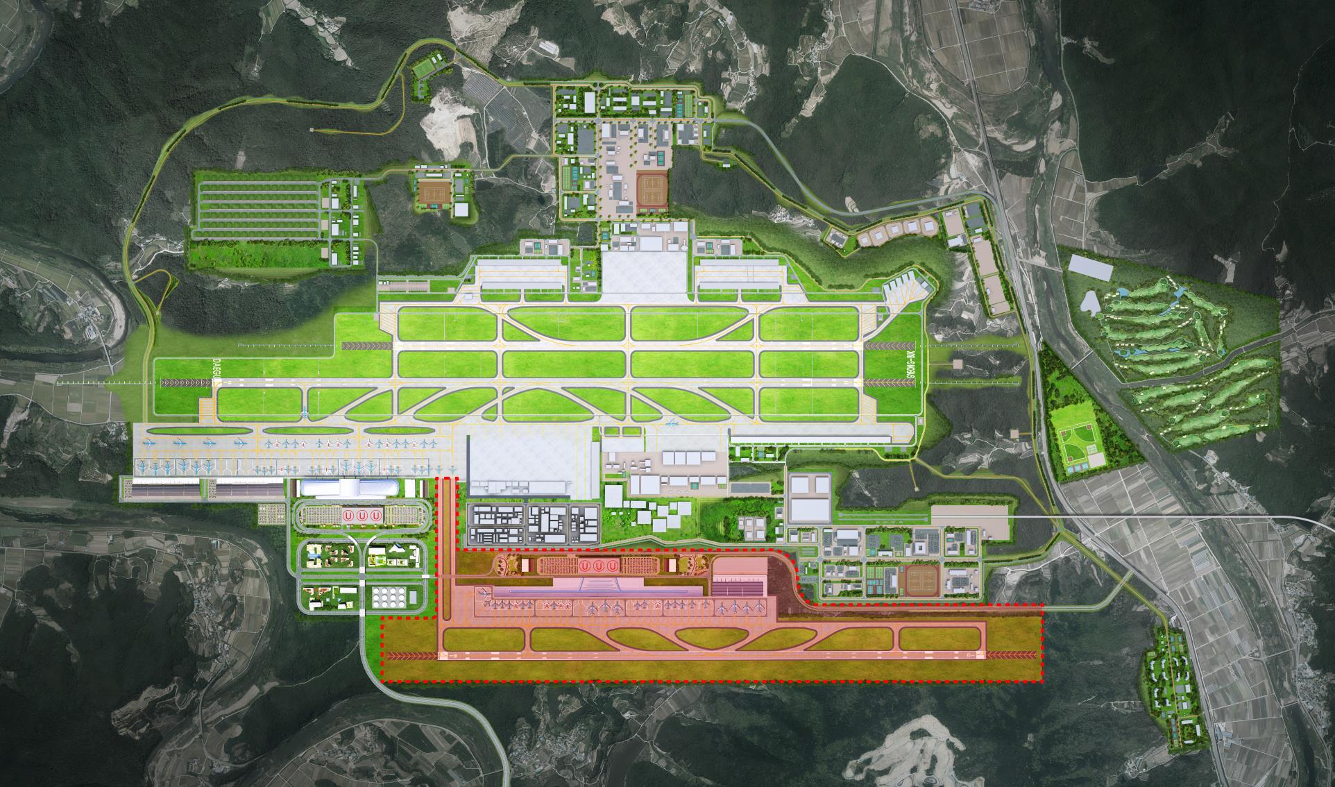 An aerial view of the civilian section of a joint civilian-military airport set to be built in the southeastern counties of Uiseong and Gunwi. [DAEGU MUNICIPAL GOVERNMENT]