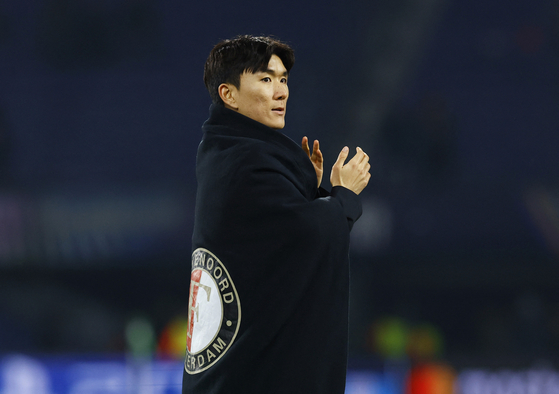 Feyenoord midfielder Hwang In-beom celebrates after the Champions League match against Sparta Prague in Rotterdam, Netherlands on Dec. 11, 2024. [REUTERS/YONHAP]