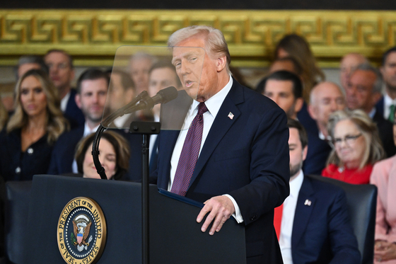 U.S. President Donald Trump speaks after being sworn in as the 47th President in the U.S. Capitol Rotunda in Washington, D.C., on Jan. 20. [UPI/YONHAP]