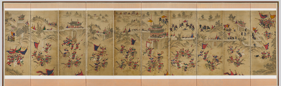 ″Painting of the Battle of Pyongyangseong Fortress between the Japanese and the Joseon-Ming Alliance in 1593″ depicts the Joseon-Ming Alliance reclaiming Pyongyangseong Fortress from Japan in January 1593. [NATIONAL MUSEUM OF KOREA] 