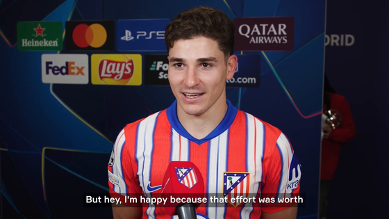 Atletico Madrid forward Julian Alvarez speaks after his side's 2-1 win over Bayer 04 Leverkusen in the Champions League on Jan. 22. [ONE FOOTBALL]
