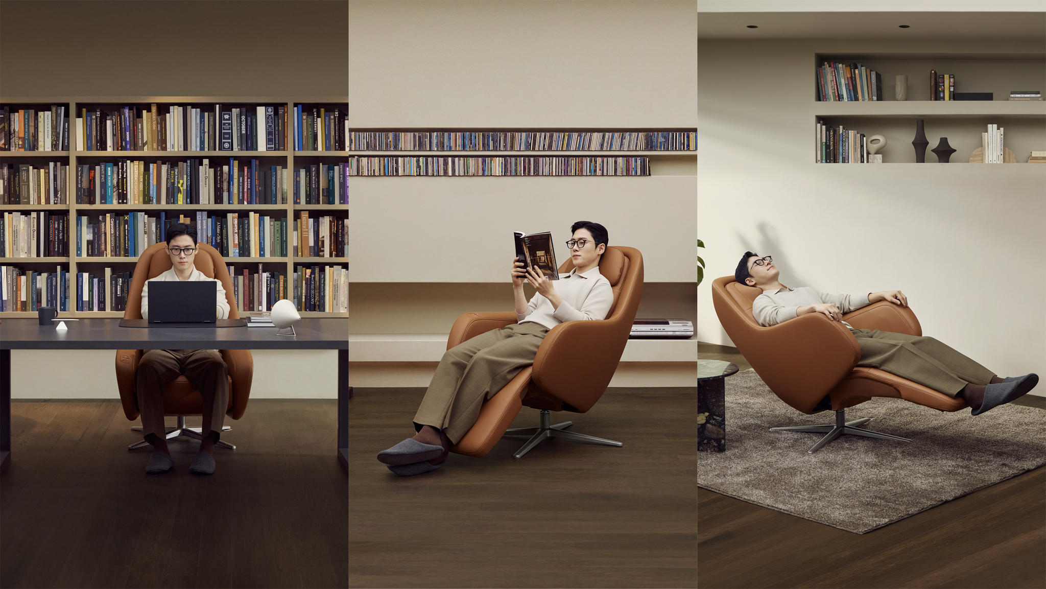 The Berex Triple Chair from Coway is shown in three positions: desk work, reading mode and full recline. [COWAY] 