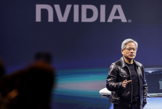 Nvidia CEO Jensen Huang speaks during Hon Hai Tech Day in Taipei, Taiwan, on Oct.18, 2023. Nvidia, the chipmaker at the center of an expected AI boom, sank nearly 17 percent, slicing off some $589 billion in market value on Jan. 27, 2025. [YONHAP]
