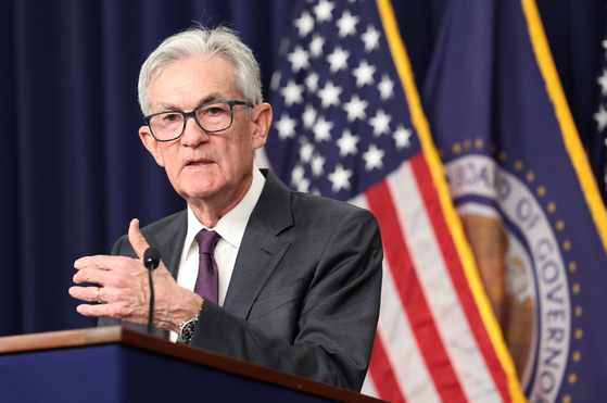 U.S. Federal Reserve Chair Jerome Powell speaks during a press conference following a two-day meeting of the Federal Open Market Committee in Washington on Jan. 29. [REUTERS/YONHAP]