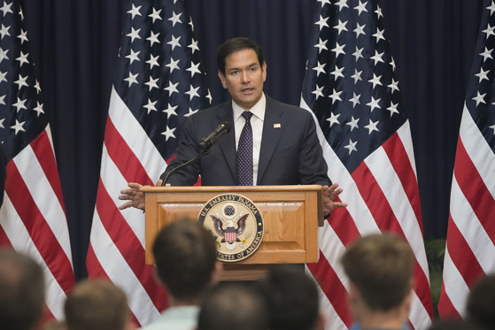 U.S. Secretary of State Marco Rubio addresses employees and families during a meet and greet at the United States Embassy in Panama City on Feb. 2, 2025. [AP/YONHAP]