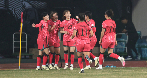 The Korean women's football team celebrates during a friendly against the Philippines at Icheon Sports Complex in Icheon, Gyeonggi, on April 8, 2024. [YONHAP]
