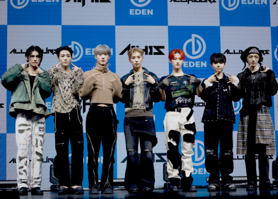 Boy band All(H)ours poses for photos during a debut showcase held on Wednesday at the Yes24 Live Hall music venue in eastern Seoul. [KIM MYEONG-JI]