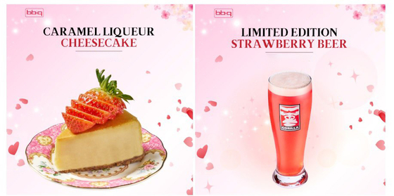 A caramel liqueur cheesecake and limited-edition strawberry beer can be served with the strawberry afternoon tea set of the “Love in London” promotion at the BBQ Village Songnidan-gil flagship branch. [GENESIS BBQ]
