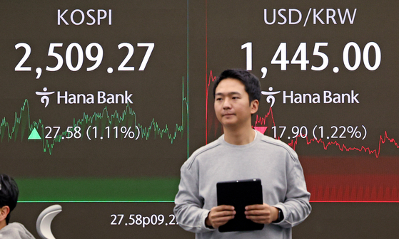 A screen in Hana Bank's trading room in central Seoul shows the Kospi closing at 2,509.27 points on Feb. 5, up 27.58 points, or 1.11 percent, from the previous trading session. [NEWS1]