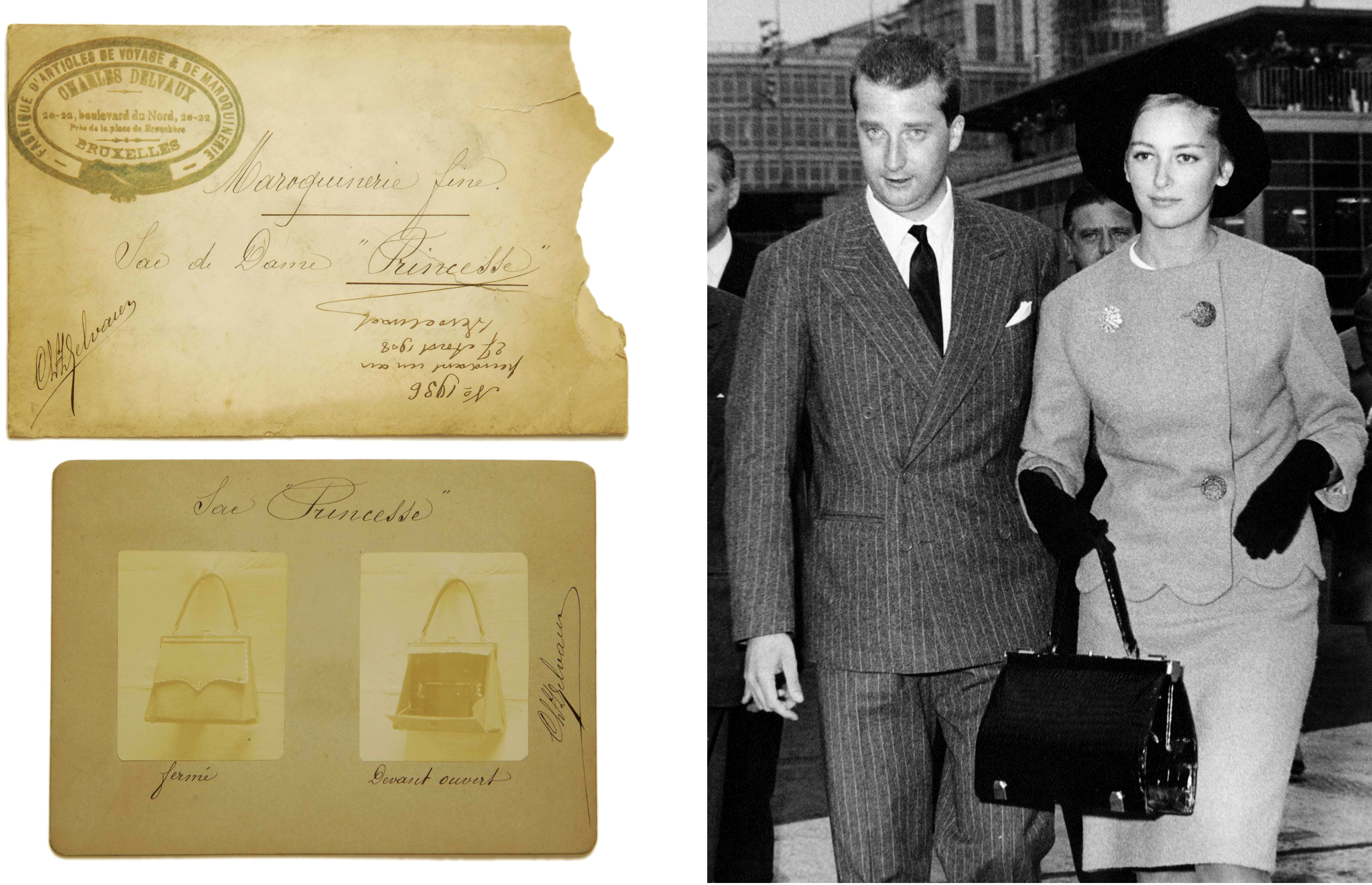 Left: The certificate of Delvaux's first handbag “Princesse” in 1908, becoming the first company to patent a handbag in the world. Right: King Albert II and Queen Paola of Belgium, then Prince and Princess, with Mon Grand Bonheur Delvaux bag in 1959 [DELVAUX] 
