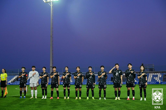 The Korean women's football team takes the field before the match against Canada at the Pinatar Arena Football Center in Spain on Dec. 3, 2024. [KOREA FOOTBALL ASSOCIATION]