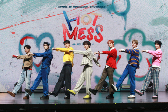 Members of boy band EVNNE pose for photos during a showcase held on Feb. 10 at the Yes24 Live Hall music venue in eastern Seoul. [JELLYFISH ENTERTAINMENT]