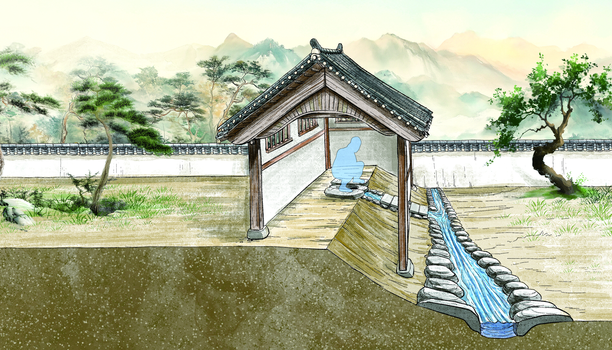 A graphic image of what an ancient stone toilet with flushable sewage system would have looked like based on the archaeological discoveries near Donggung. [KOREA HERITAGE SERVICE] 