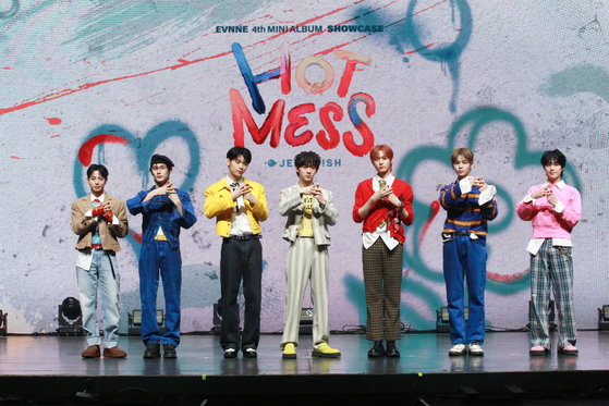 Members of boy band EVNNE pose for photos during a showcase held on Feb. 10 at the Yes24 Live Hall music venue in eastern Seoul. [JELLYFISH ENTERTAINMENT]