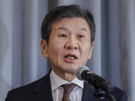 KFA President Chung Mong-gyu speaks at a press conference held at the Pony Chung Foundation Building in Jongno-gu, Seoul on Feb. 11. [YONHAP]