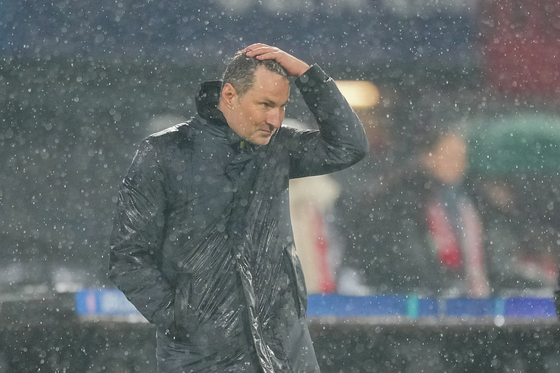 Feyenoord manager Brian Priske reacts during the Champions League match against Bayern Munich in Rotterdam, Netherlands on Jan. 22. [AP/YONHAP] 