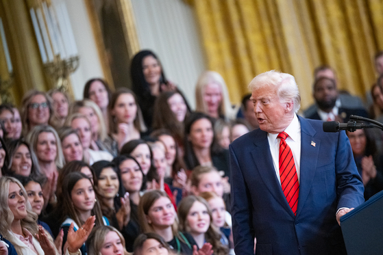 U.S. President Donald J. Trump speaks at a ″No Men in Women's Sports″ executive order signing in the East Room of the White House in Washington, DC on Wednesday, Feb. 5. [UPI/YONHAP]