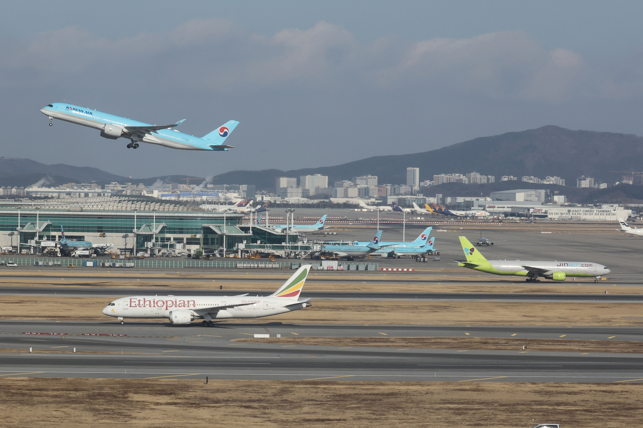 A passenger flight departs at Incheon International Airport on Feb. 10. [YONHAP] 