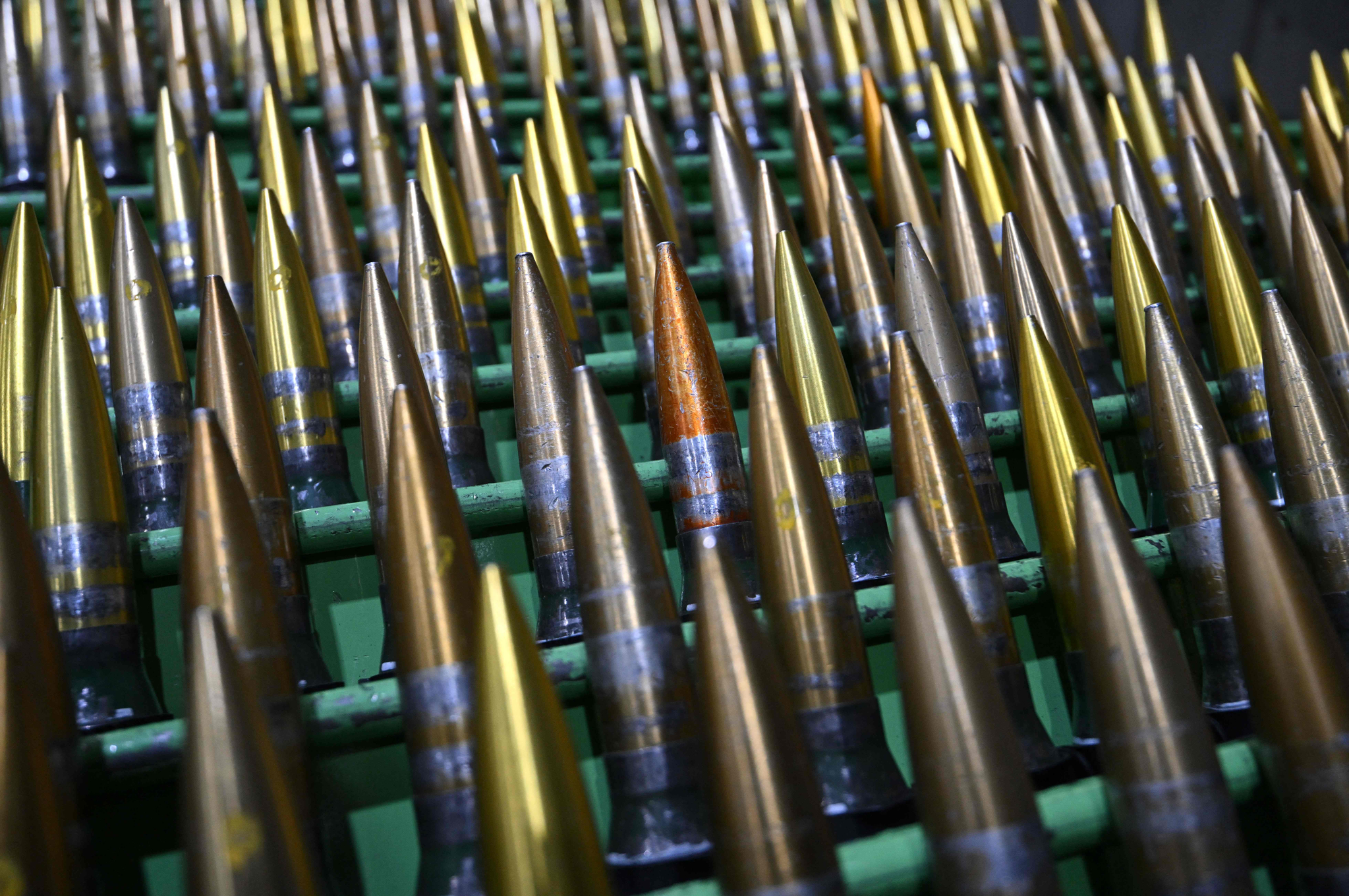 Rows of mock 30mm shells are seen at Hanwha Aerospace factory in Changwon on November 21, 2024. Longstanding domestic policy bars Seoul from providing weapons into active conflict zones, but ever since its spy agency accused the nuclear-armed North last month of sending thousands of soldiers to help Moscow fight Kyiv, South Korea has warned it might change course. [AFP/YONHAP] 
