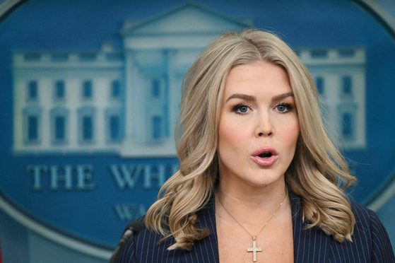 White House Press Secretary Karoline Leavitt speaks during the daily briefing in the Brady Briefing Room of the White House in Washington, D.C., on Feb. 12. [AFP] 