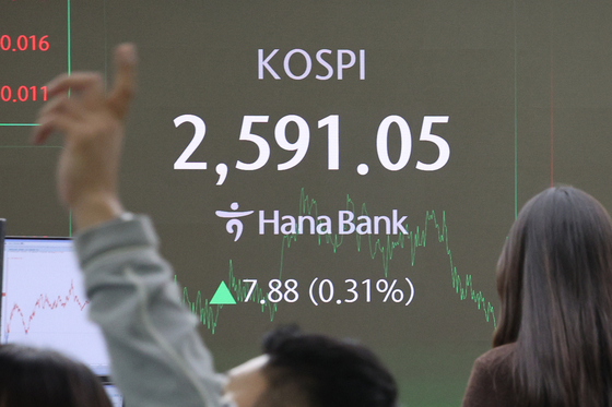 A screen in Hana Bank's trading room in central Seoul shows the Kospi closing at 2,591.05 points on Feb. 14, up 7.88 points, or 0.31 percent, from the previous trading session. [NEWS1]