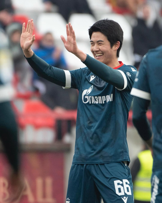 Red Star Belgrade fullback Seol Young-woo celebrates during the Serbian SuperLiga match against Napredak Krusevac at Mladost Stadium in Serbia in a picture shared on Red Star's official Instagram accoun on Feb. 15. [SCREEN CAPTURE]
