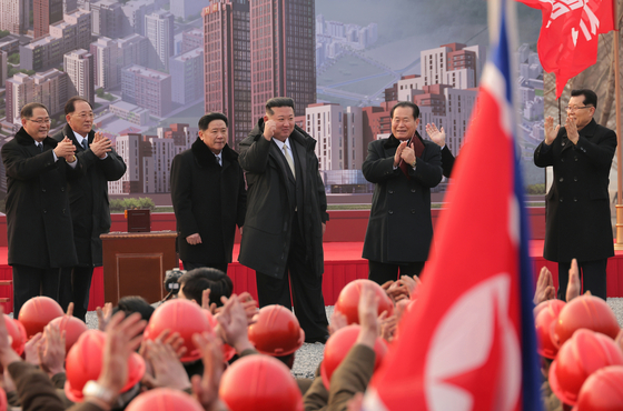 North Korean leader Kim Jong-un speaks during a groundbreaking ceremony for the construction of 10,000 housing units in the fourth phase of the Hwasong District in Pyongyang on Feb. 15. [YONHAP]