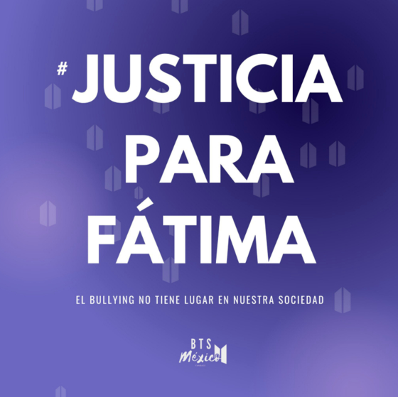 An image uploaded on Hallyu fan club accounts on X, formerly Twitter, with the hashtag #JusticeForFatima regarding a case where a middle school student in Mexico City was bullied by her classmates for liking K-pop [SCREEN CAPTURE]
