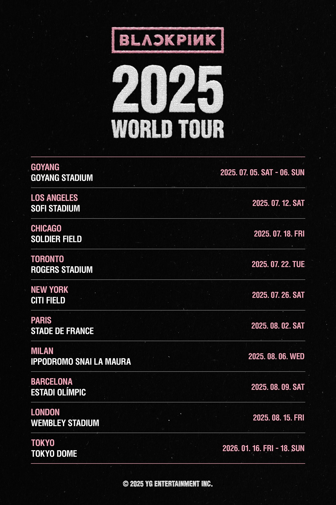 The official schedule for Blackpink's 2025 world tour [YG ENTERTAINMENT]