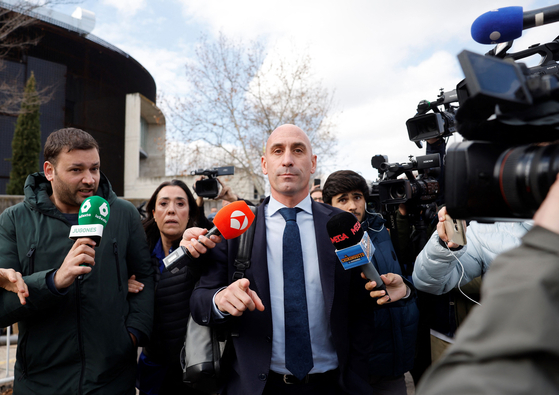 Former president of the Spanish football federation Luis Rubiales leaves court after taking the stand during his trial at the court of San Fernando de Henares, Spain on Feb. 11. [AFP/YONHAP]