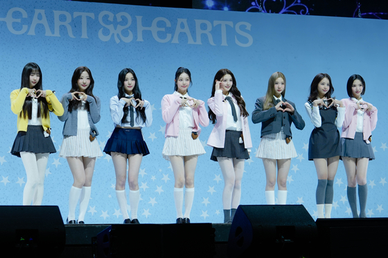 Members of SM Entertainment's new girl group Hearts2Hearts pose for photos during their debut showcase held on Feb. 24 at the Yes24 Live Hall music venue in eastern Seoul. [DANIELA GONZALEZ PEREZ]