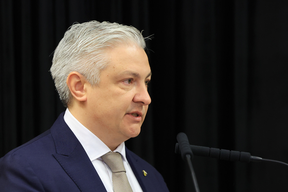 Dmytro Ponomarenko, the ambassador of Ukraine to Korea, delivers his opening remarks at the "Three Years of Russia’s Full-Scale War: Ukraine on the Path to a Just and Lasting Peace” forum held at the Goethe-Institut in Yongsan District, central Seoul, on Monday. [YONHAP]