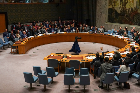 Members of the Security Council cast a vote during a United Nations Security Council meeting on the 3rd anniversary of Russia's invasion of Ukraine at U.N. headquarters in New York, U.S., February 24, 2025. REUTERS/David Dee Delgado