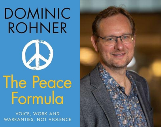 Book cover of ″The Peace Formula,″ left, and its author, economist Dominic Rohner [SCREEN CAPTURE]