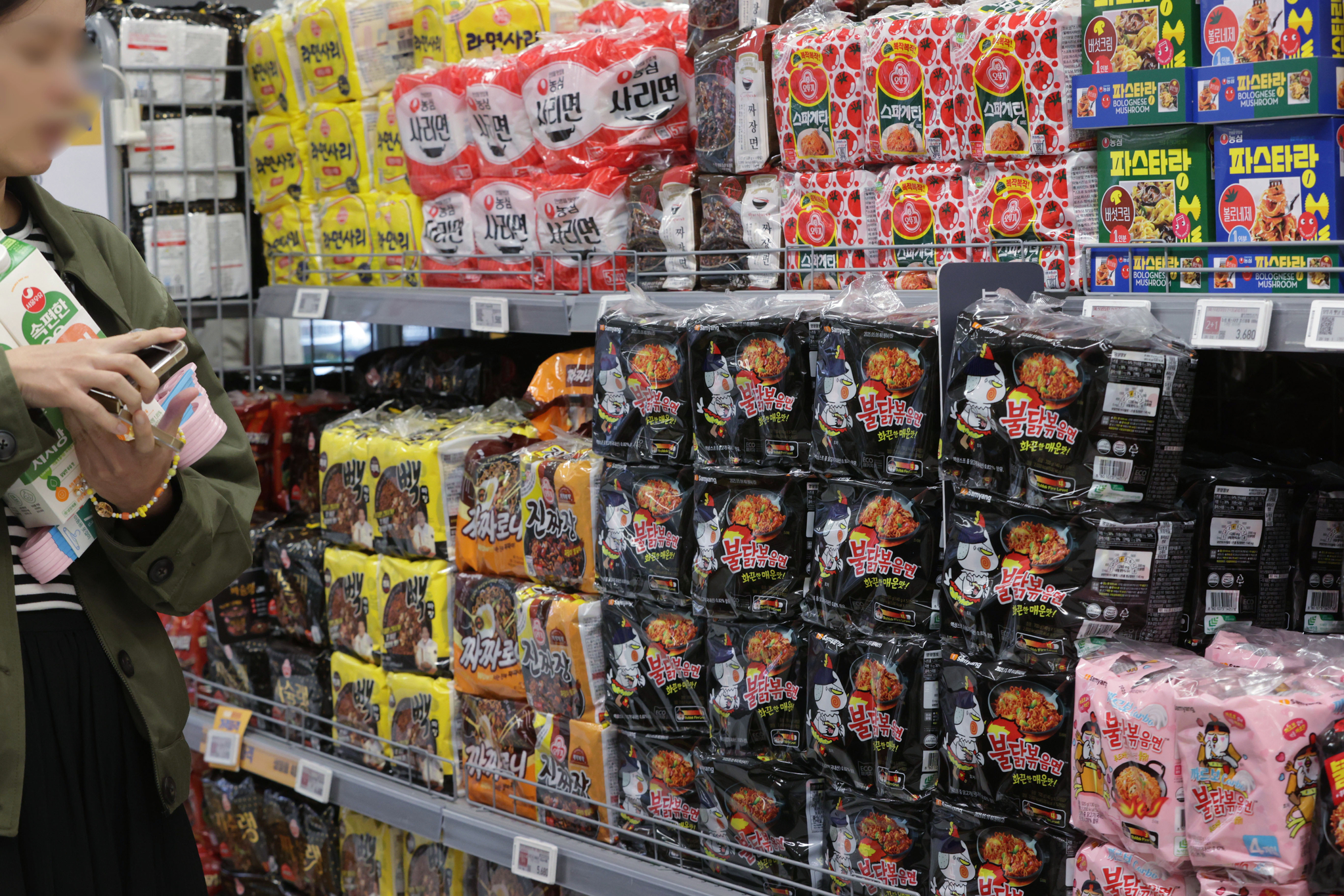 Buldak Ramen products are displayed at a supermarket. [YONHAP]